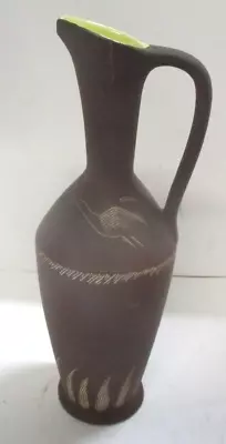 Buy Vintage Brown Signed Pottery Vase Pitcher Ewer With Etched Bird Design • 23.74£