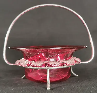 Buy Antique Ruby Cranberry Glass Bon Bon Dish Crimped Frill Edge Silver Plated Stand • 28£