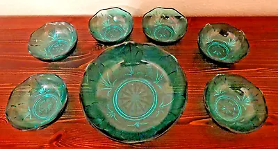Buy 1x Set Of 7 Turquoise Glassware - (6x Dessert Bowls + 1x Large Fruit Bowl) • 25.95£