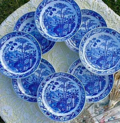 Buy Wedgwood Antique 19th  Blue & White Pearlware Blue Palisade,8 Bowls • 450.40£