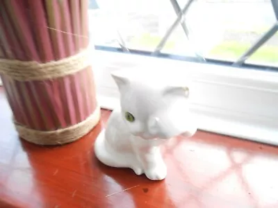 Buy Cat Ornament  White China 5 Inches High 9 Inches Round Green Eye GC • 2£