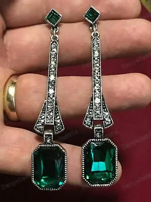 Buy Vintage Style Art Deco Egypt Geometric Large Drop Earrings Dark Green Crystal • 7.95£