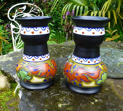 Buy Rare Matching Pair Plazuid Gouda Art Pottery Vases Holland - Signed Beek On Base • 50£