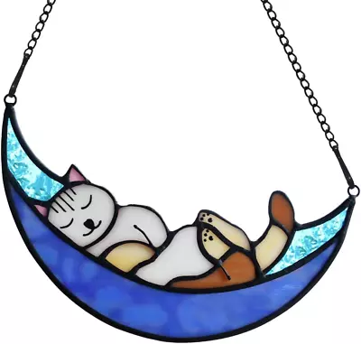 Buy Sleeping Cat On Moon Decor Stained Glass Suncatcher,White Cat Decor Gifts For Ca • 37.69£