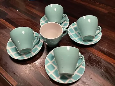 Buy TAMS Pottery England -1950s Set Of 4 Blue/green/Teal Cups And Checkered Saucers • 18£
