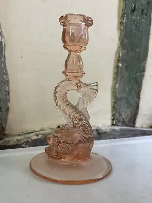 Buy Antique Art Deco Pressed Glass Pink Mythical Dolphin Fish Candle Stick Holder  • 80£