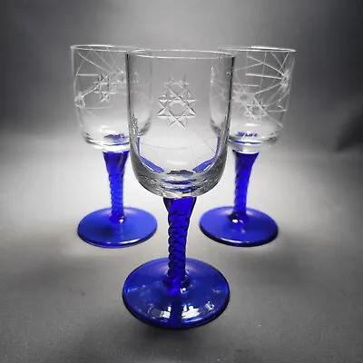 Buy 3x Vintage Rare Crystal Port Wine Glasses Romanian Cobalt Blue Twisted Stem... • 18.90£