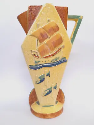 Buy Burleigh Ware Art Deco Yellow Nautical Themed Handle Pitcher Jug Vase Rare Item • 99.99£
