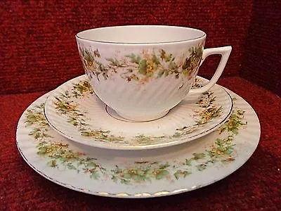 Buy * Victorian Green Flora Embossed Twists Porcelain Tea Trio 1890s • 4.99£