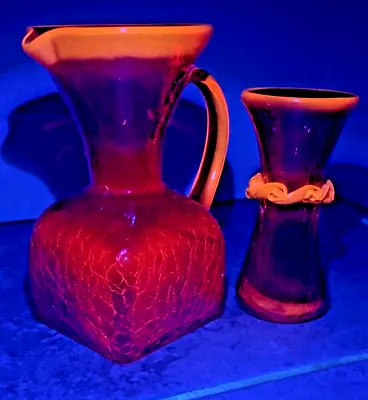 Buy Vintage Blenko? Rainbow?Amberina Flourescent Crackle Glass  Pitcher & Vase Rare! • 122.84£