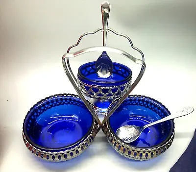 Buy Vintage Cobalt Blue Glassware Jam Sugar Honey Dishes Chrom Stand Handle  England • 11.50£