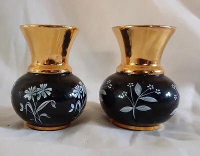 Buy Prinknash Pottery - Pair Small Black And Gold Vases With Delicate Floral Design • 18£