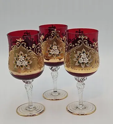 Buy 3 VTG  Red & Gold Czech Bohemian Twisted Stem Wine Glasses Hand Painted 7in  • 81.02£