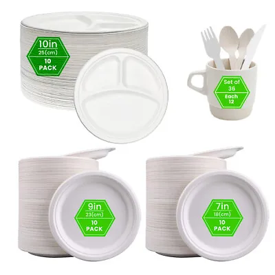 Buy Strong Round Bagasse Plates Sugarcane Disposable Party Biodegradable 7 - 11 Inch • 42.99£