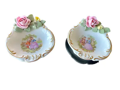 Buy Pair Matched 'Romance And Roses' Bavarian Porcelain Trinket Dishes Vintage 1960s • 16£