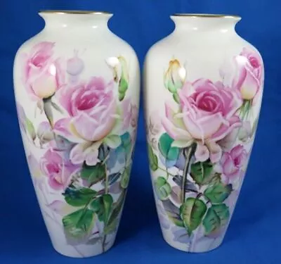 Buy 2 Porcelain Noritake Nippon Toki Kaisha 8  Vases Japan Pink Roses Signed Kimura • 62.72£