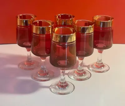 Buy Cranberry/Ruby Sherry Glasses With Gold Set Of 6, Vintage, Drinkware • 18.99£