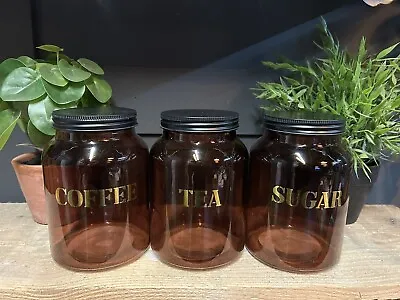 Buy Amber Glass Tea, Coffee&Sugar Jars Black Lid Kitchen Storage Canisters Set Of 3 • 19£