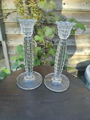 Buy A Pair Of Art Deco Tall Clear Pressed Moulded Glass Candlesticks 8¼  20.8cm Tall • 18£