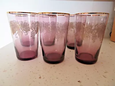Buy Set Of  6 Antique/ Victorian Amethyst   Small Glass Tumblers Gilt Grape Design • 10£