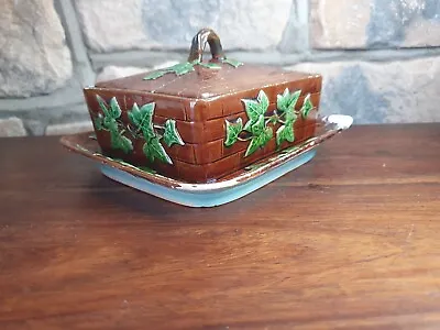 Buy Antique Majolica Vine Leaf Butter Dish With Old Staple Repair • 15£