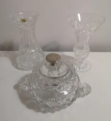 Buy Two 6 Inch Tyrone Irish Crystal Vases And Trinket Dish With Lid Lead Glass  • 14.99£