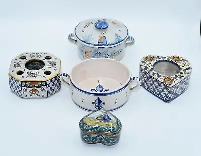 Buy 5 Antique Hr Hb Quimper Rouen Desvres Folk Art Pottery Pieces 2 Inkwell 3 Pots • 15£