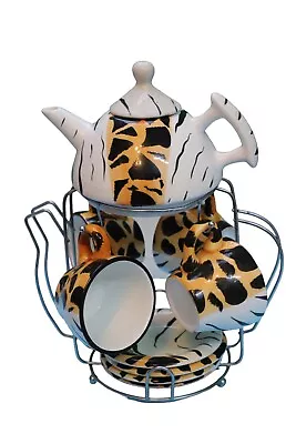 Buy Vintage Bone China Leopard Print Teapot And 4 Cup Set+4 Saucers And Stand • 10£