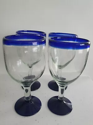 Buy Mexican Handmade Cobalt Blue Rim & Base Wine / Water Glasses (4) • 14£