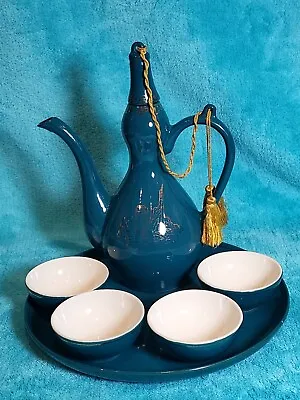 Buy Korean Ceramic Jug Pitcher Tray & 3 Cups - Teal  Vintage RARE • 69£