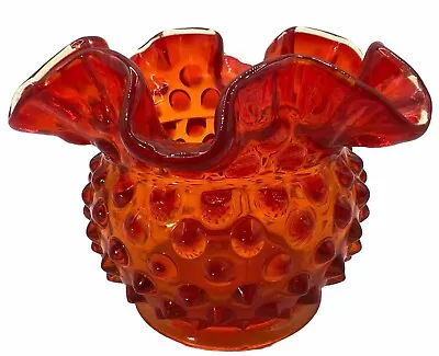 Buy Vintage Fenton Red Hobnail Vase GLOWS Cadmium Ruffled Top 3” • 19.25£