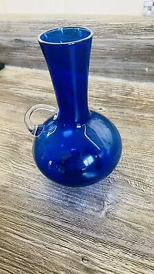 Buy Vintage  1960s Whitefriars Style Blue Jug /Vase With Applied Clear Glass Handle • 7.49£