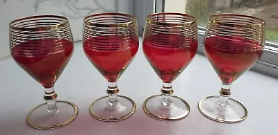 Buy Set 6 Vintage Cranberry Gold Gilded Striped  Port/Sherry Glasses Please See Pics • 9.99£