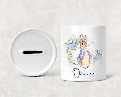 Buy Personalised Ceramic Money Box * Coin Pot  *Peter Rabbit *Blue* Rabbit No2 • 8.99£
