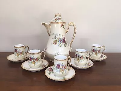 Buy Antique A&D Limoges Hand-Painted CHOCOLATE POT With CUPS & SAUCER SETS ~ Pansies • 335.65£