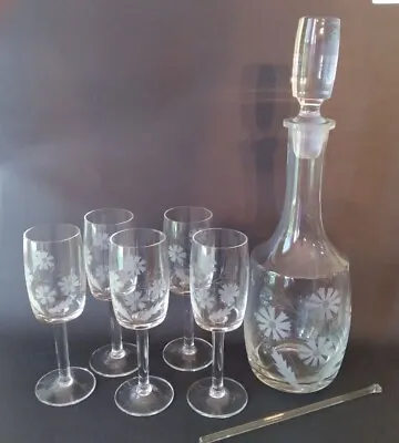 Buy Vintage Etched Wine / Sherry Decanter With 5 Matching Glasses And Glass Stir Sti • 47.42£