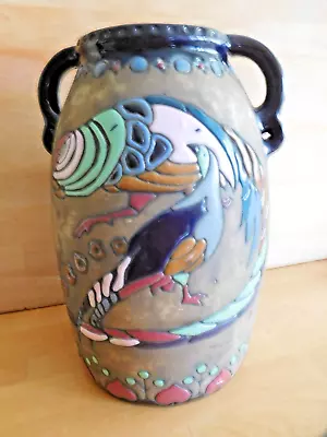 Buy Antique Large Austrian Tube Lined Amphora Art Pottery Vase With Exotic Birds • 170£