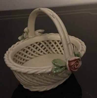 Buy Mini Hand Made Porcelain Woven Basket Made In Italy Pink Roses On Each Side VTG • 9.62£