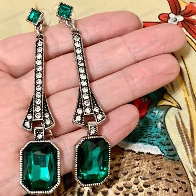 Buy Art Deco Geometric Large Drop Earrings Emerald Green Crystal Vintage Style • 7.95£