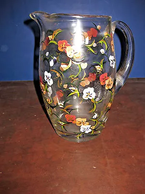 Buy MW: BEAUTIFUL CLEAR GLASS PITCHER W/ HAND PAINTED FLOWERES Signed ROBIN LISA • 9.63£