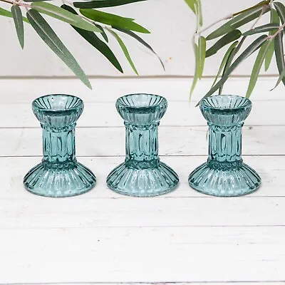 Buy 3 X Vintage Blue Cut Glass Dinner Candlestick Candle Holders Retro Patterned Set • 12.45£
