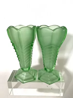 Buy Pair Art Deco Green Davidsod Glass Mantle Vases Frosted Chevron & Step Base • 29.95£