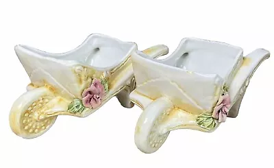 Buy Vintage Ceramic Bassano Wheelbarrow Pair Set With Pink Roses • 15£