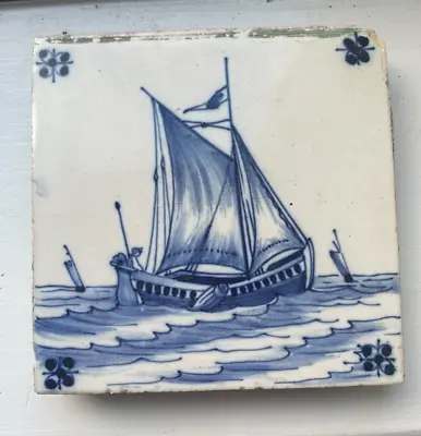 Buy 18th/19th  Century Blue And White Dutch Delft Tile With Sailing Boat  5  Square • 42£