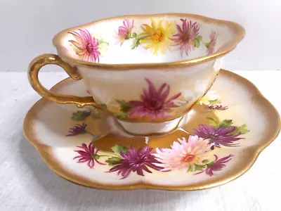 Buy George Jones & Sons Crescent ENGLAND Scalloped Cup & Saucer Floral Gilted YE267 • 40.69£