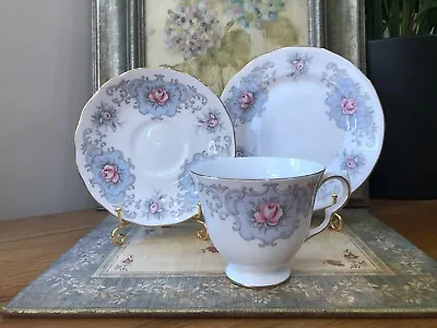 Buy Pretty Vintage QUEEN ANNE TEA SET TRIO, Pink Roses & Scrolled Blue  Gold Gilt  • 10£