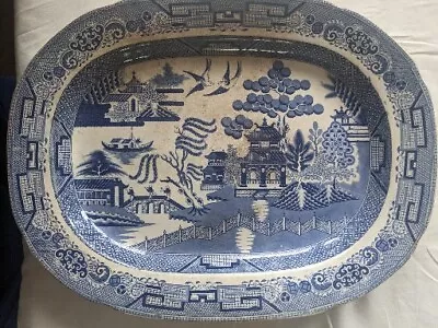 Buy Large Antique Pottery Blue & White Willow Pattern Meat/Server Plate C Late 1900s • 50£