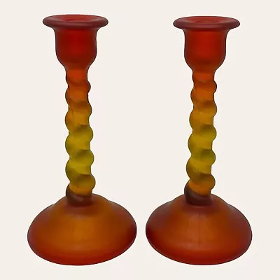Buy Pair Vintage Tiffin #66 Orange Amberina Satin Glass Spiral Twist Candlesticks 8” • 28.72£