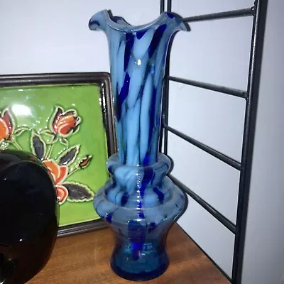 Buy Vintage Cobalt Glass Dark Blue Cloudy Blue To Clear Ruffled Top Vase • 12.30£