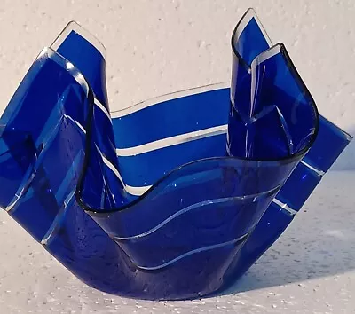 Buy Chance Glass Intaglio Cobal Bandel 2 Bands Handkerchief Vase Mid-century • 29.99£